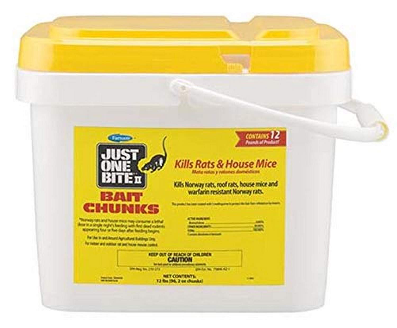 Farnam Just One Bite II front tub showing bulk 12 lb packaging and storage benefit