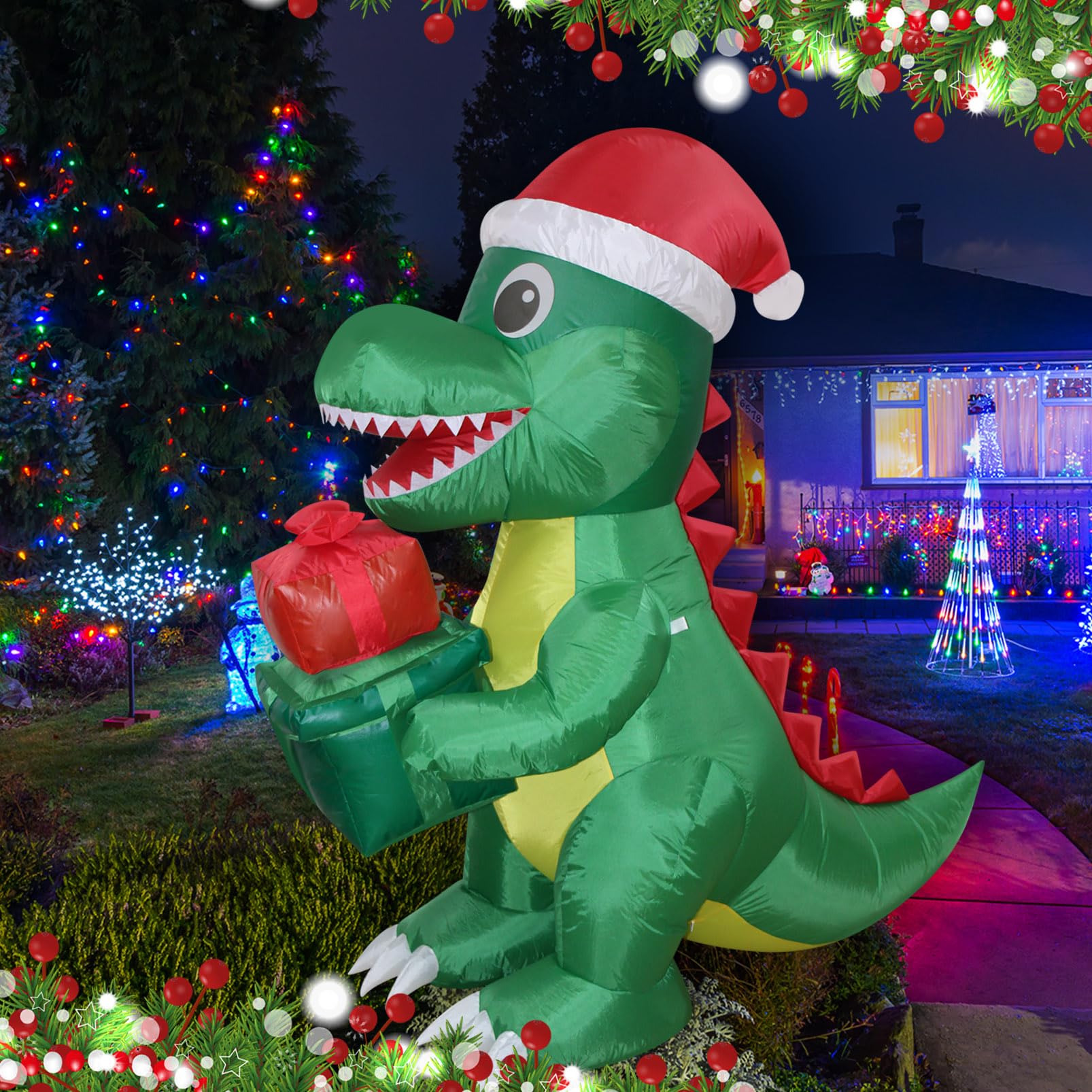 FARONZE front view of 5ft dinosaur inflatable showing festive appeal