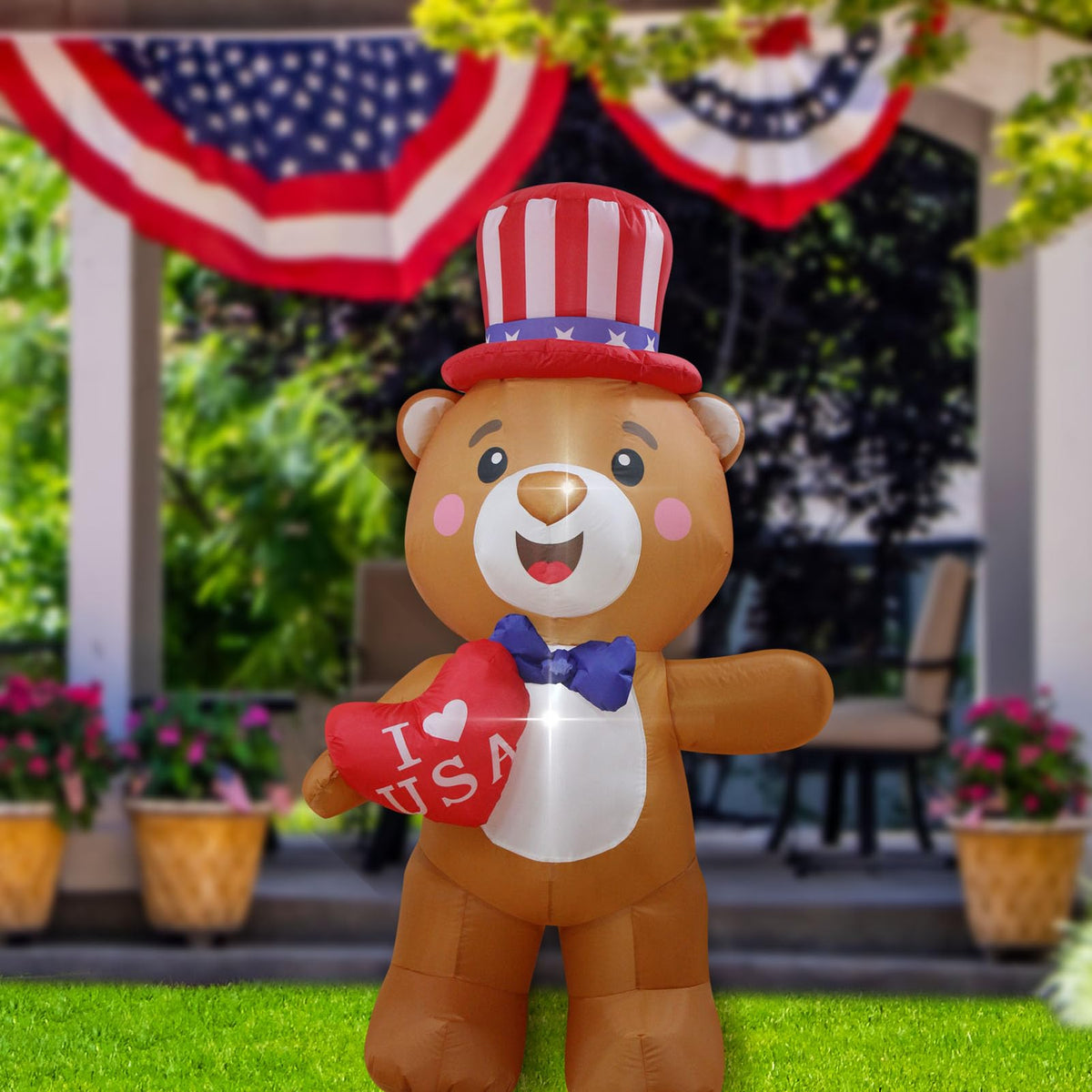 FARONZE front view of 5ft bear showing patriotic design and curb appeal