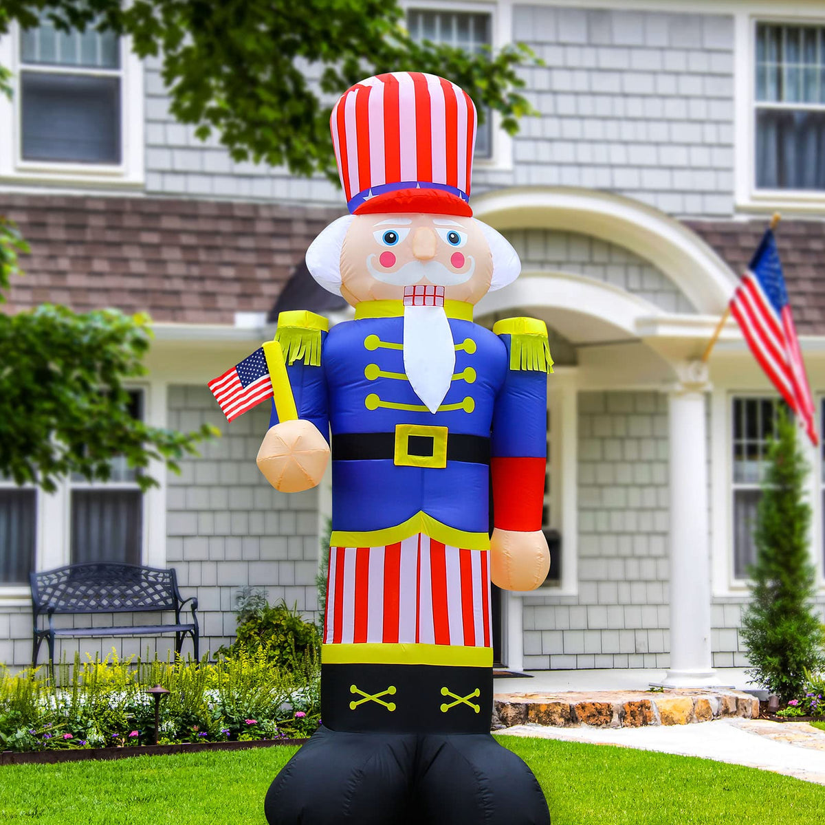 FARONZE patriotic nutcracker front view showing bold flag design and height benefit