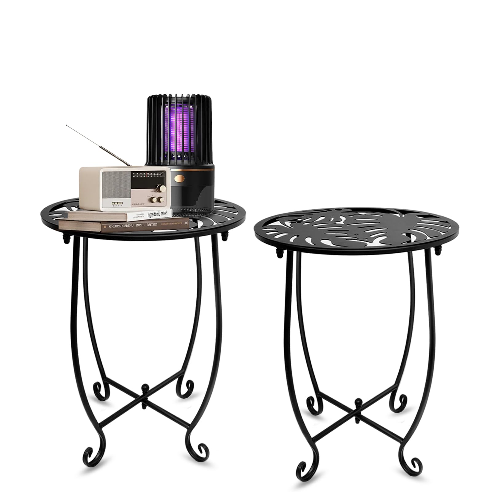 Fashion&cool front view of two metal side tables showing compact design and finish