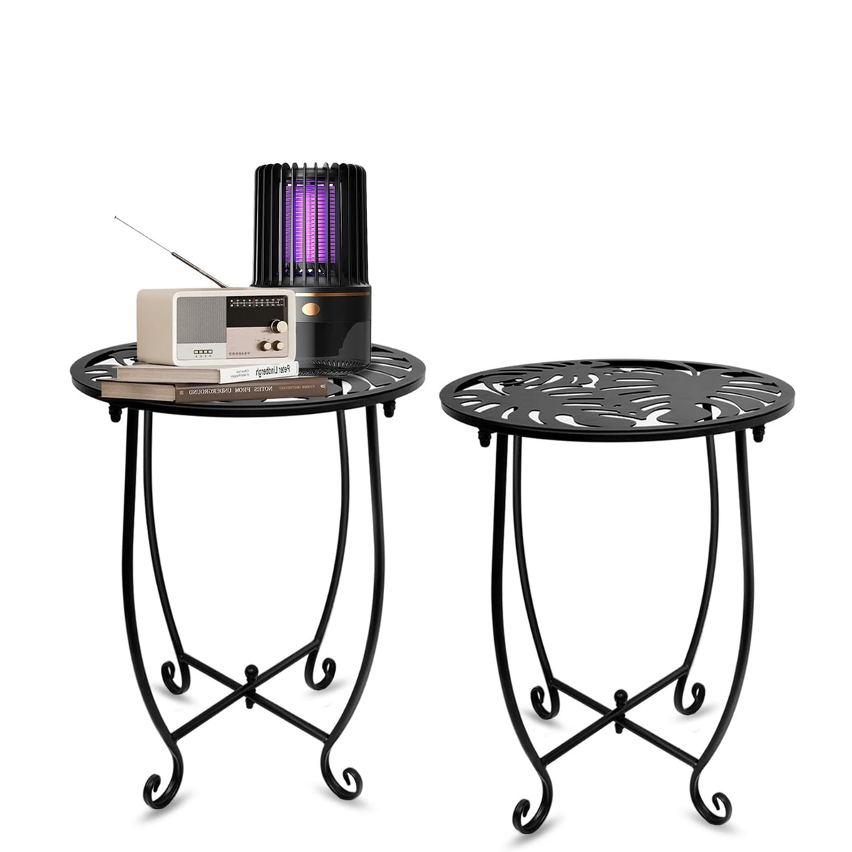 Fashion&cool front view of two metal side tables showing compact design and finish