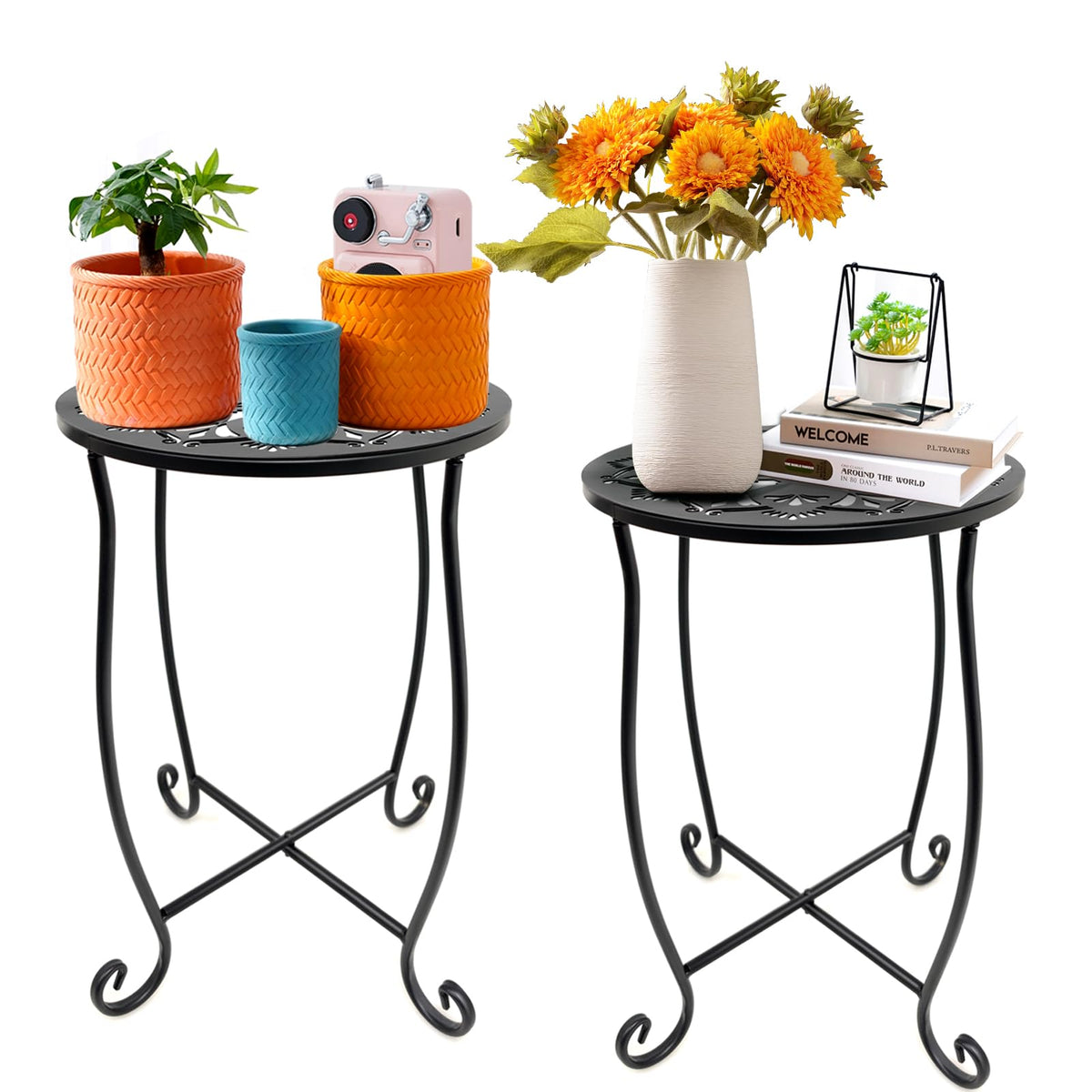 Fashion&cool front view of two round metal side tables shows compact stylish pair