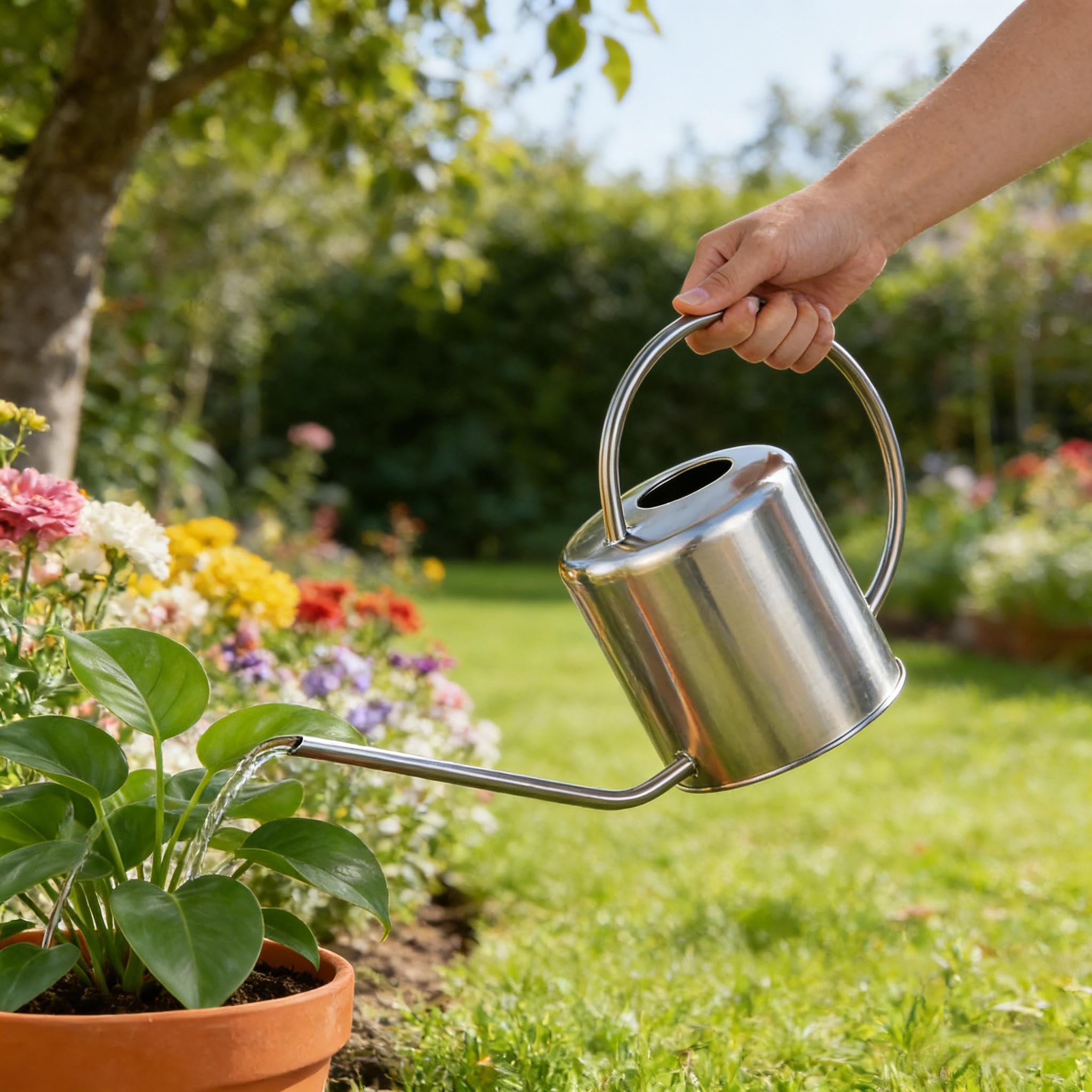 Fasmov silver watering can styled on a shelf adding decorative practicality benefit