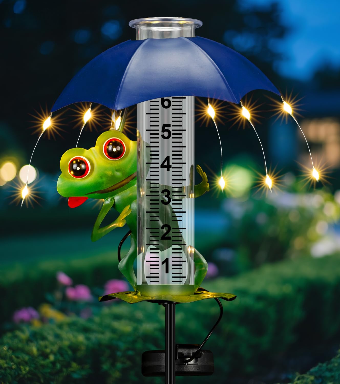 Fastruggle frog front view showing decorative rain gauge and umbrella benefit visibility