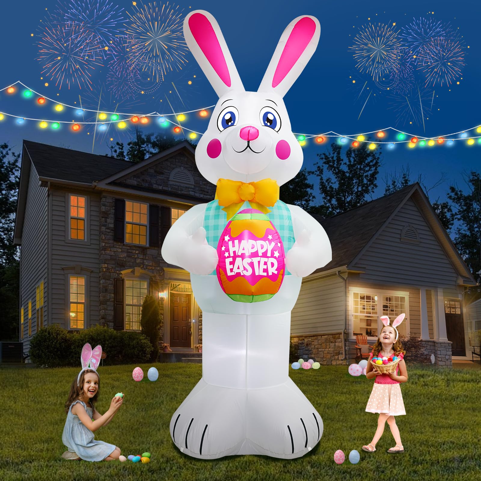 FaveHome front view of 10FT Easter bunny showing festive egg and clear visibility