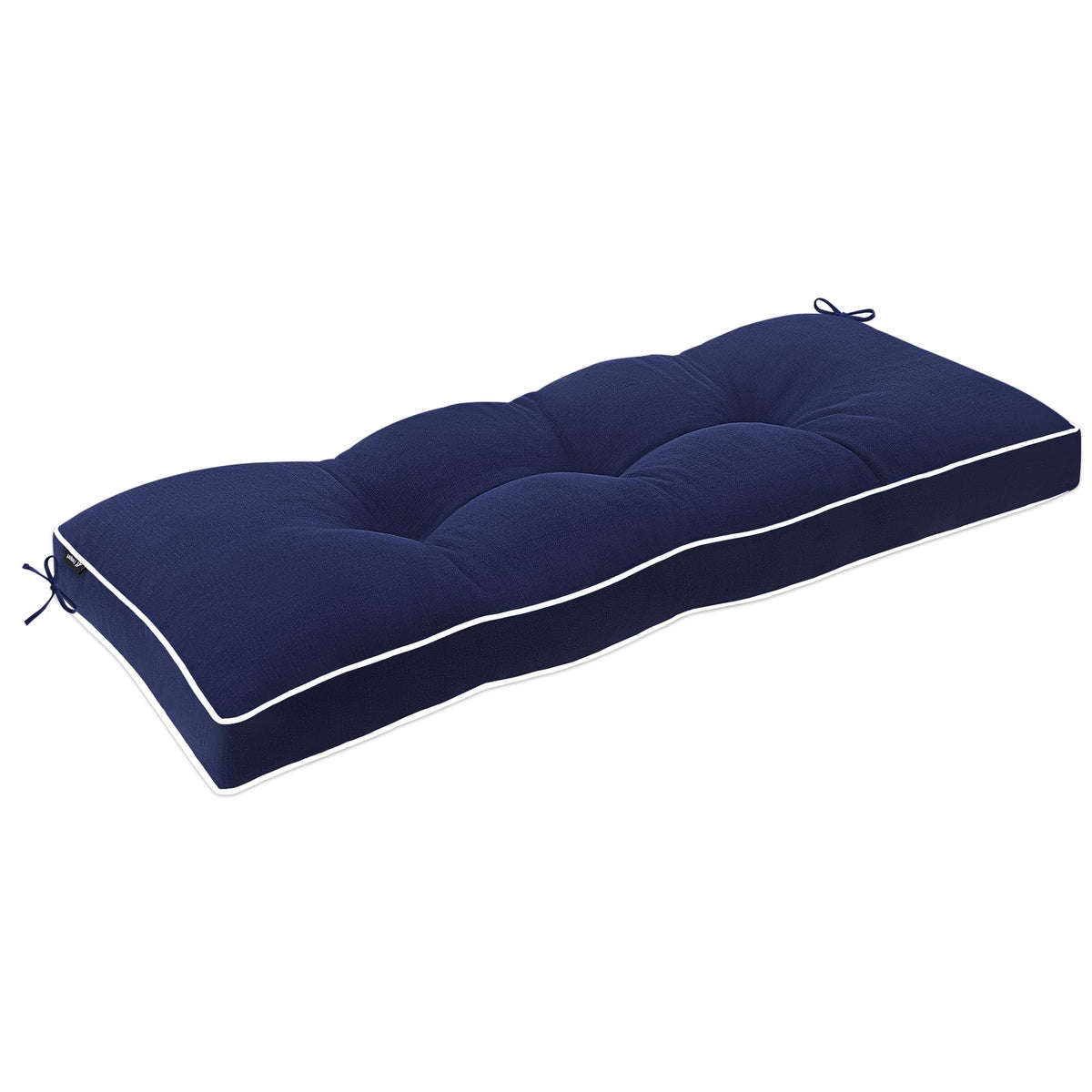 Favoyard bench cushion on wood bench showing navy color and neat fit for style