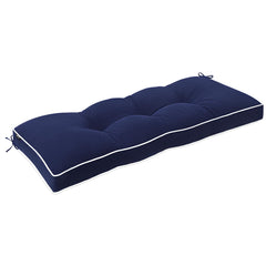 Favoyard bench cushion on wood bench showing navy color and neat fit for style