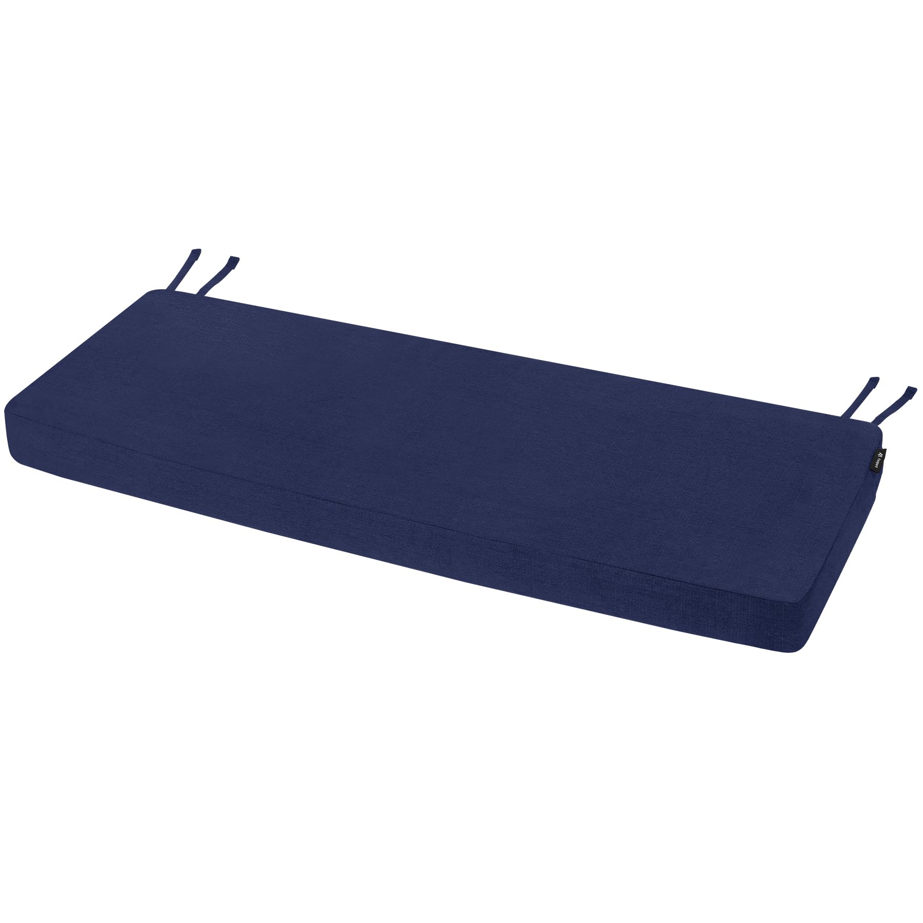 Favoyard front view of blue bench cushion showing neat fit and weatherproof look