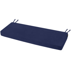 Favoyard front view of blue bench cushion showing neat fit and weatherproof look