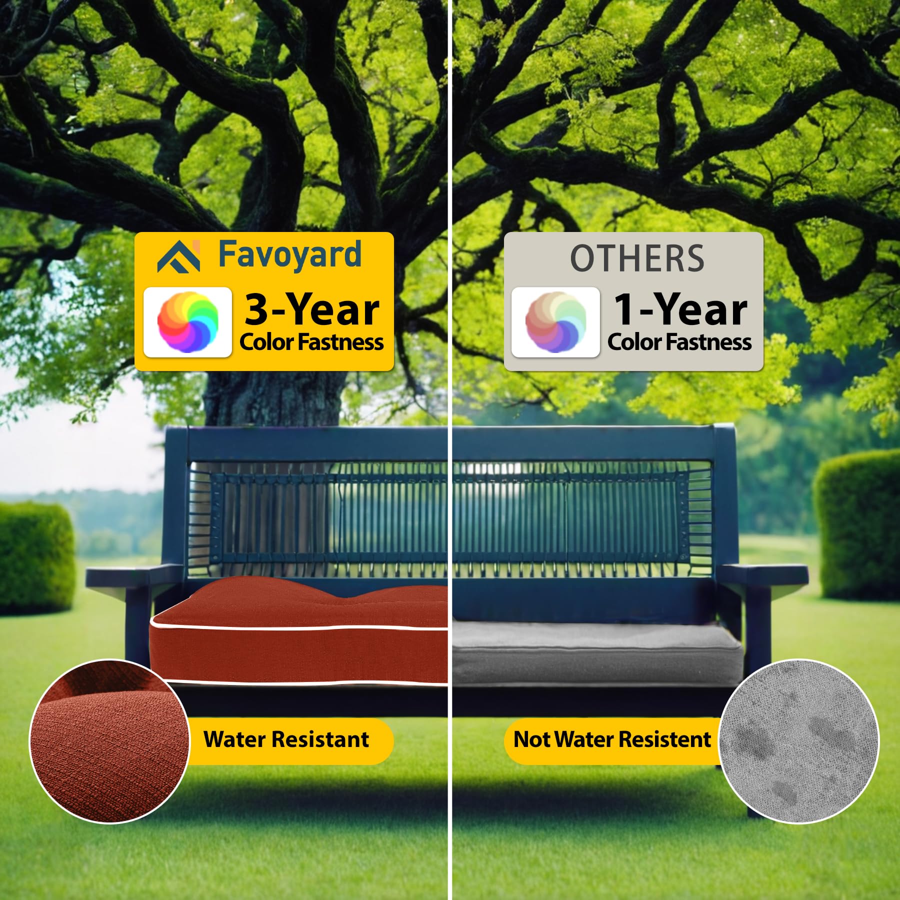 Favoyard bench cushion styled on outdoor porch providing weather-ready comfort
