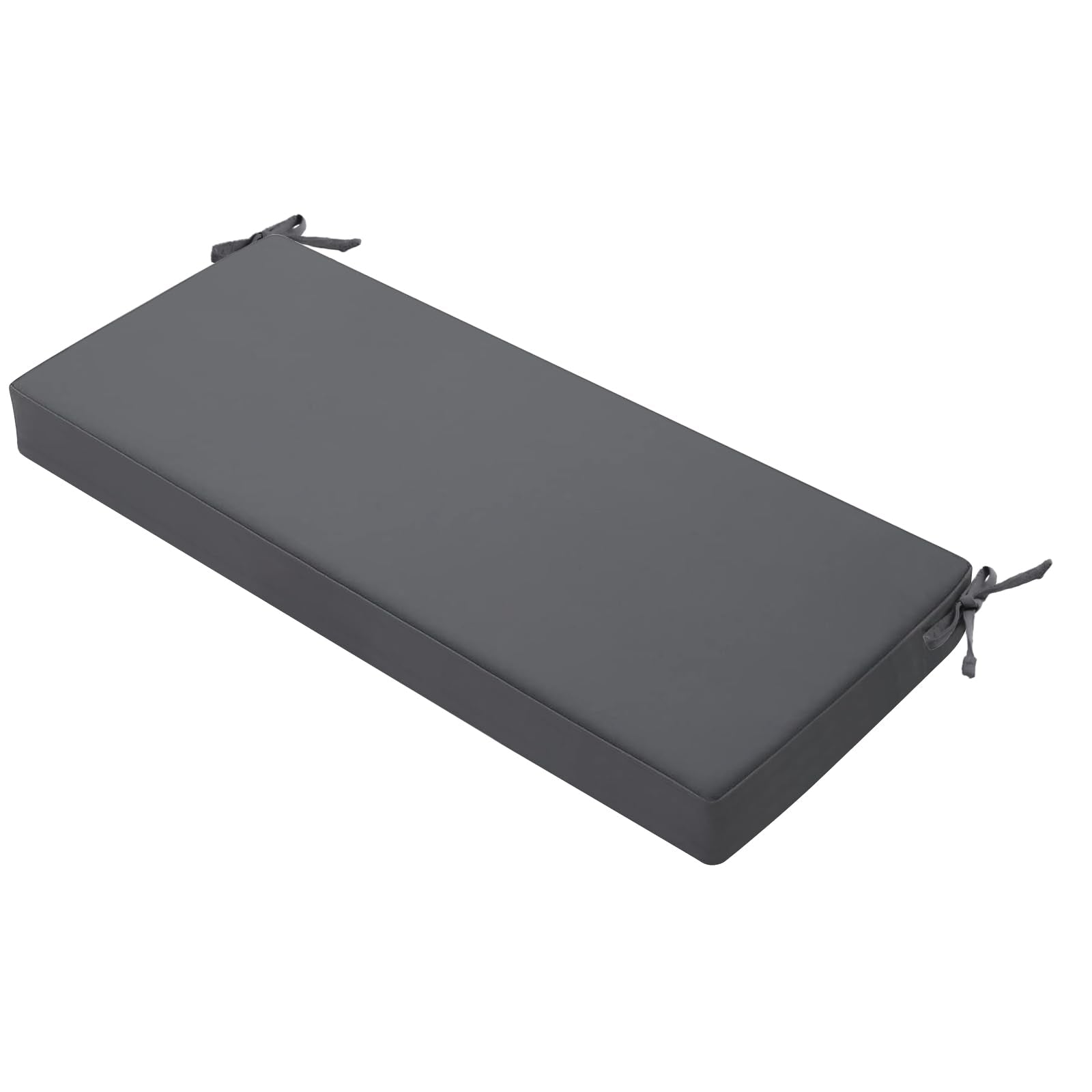 Favoyard front view of dark gray bench cushion, shows clean fit and versatile style