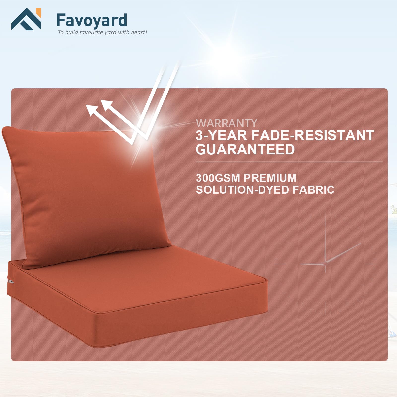 Favoyard cushion in patio setting illustrating waterproof performance and style