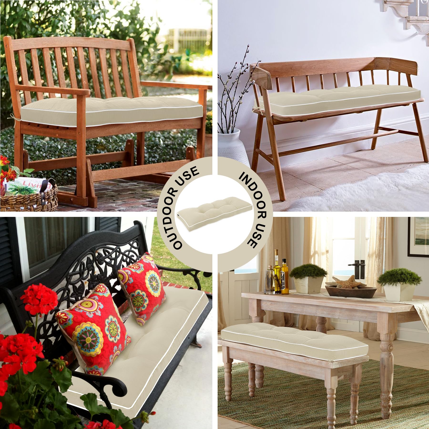 Favoyard cushion on patio bench demonstrating water-resistant protection and secure fit