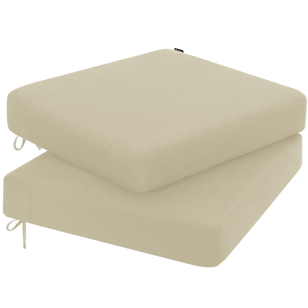 Favoyard beige cushions front view showing neat finish and weather-ready look