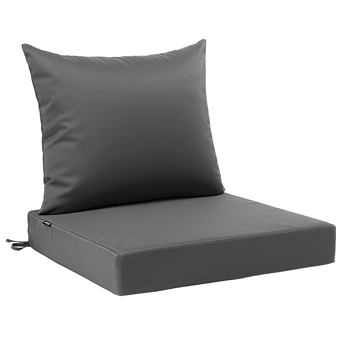 Favoyard front view of dark gray seat and back cushions showing neat fit and color, durable