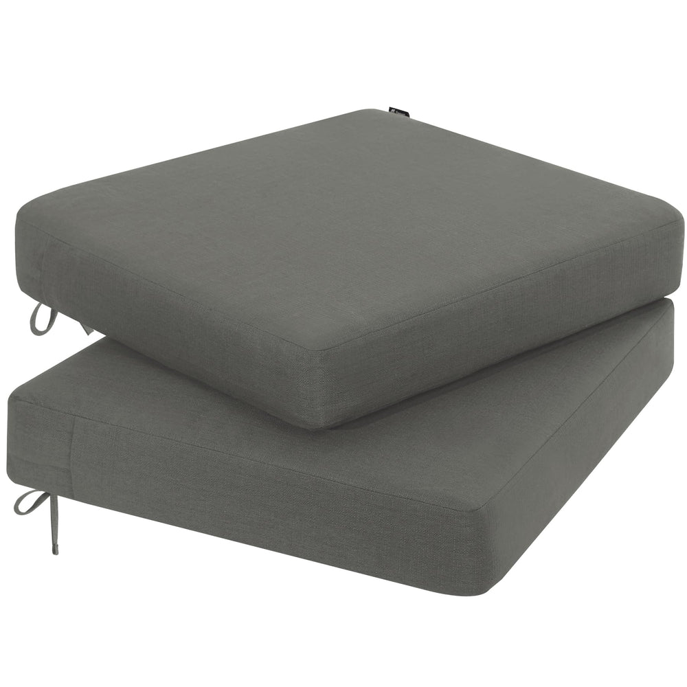 Favoyard front view of two dark gray cushions showing weatherproof finish and neat fit
