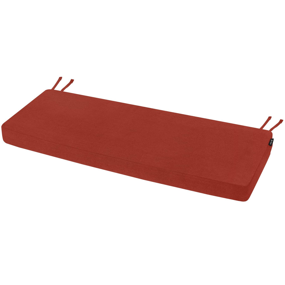 Favoyard front view of red bench cushion showing full-length fit and neat finish