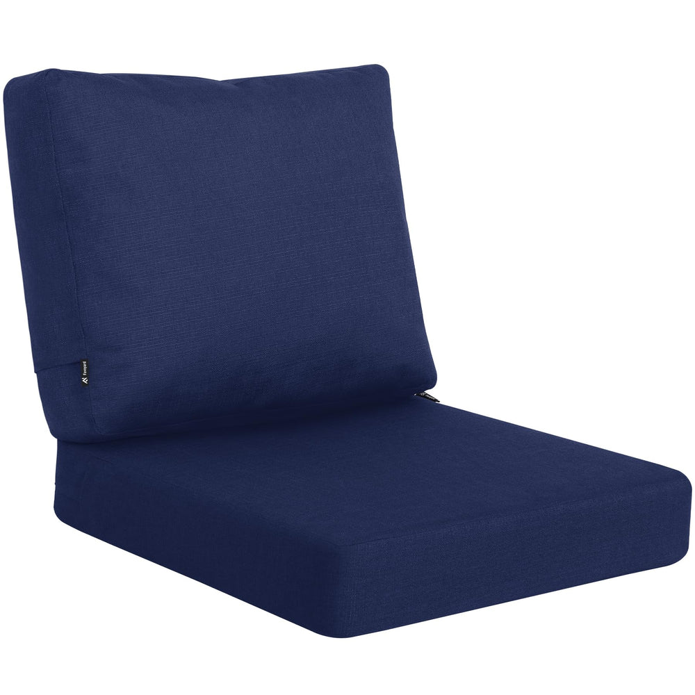 Favoyard front view of blue seat and back cushions showing neat fit and weather-ready look