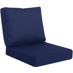 Favoyard front view of blue seat and back cushions showing neat fit and weather-ready look