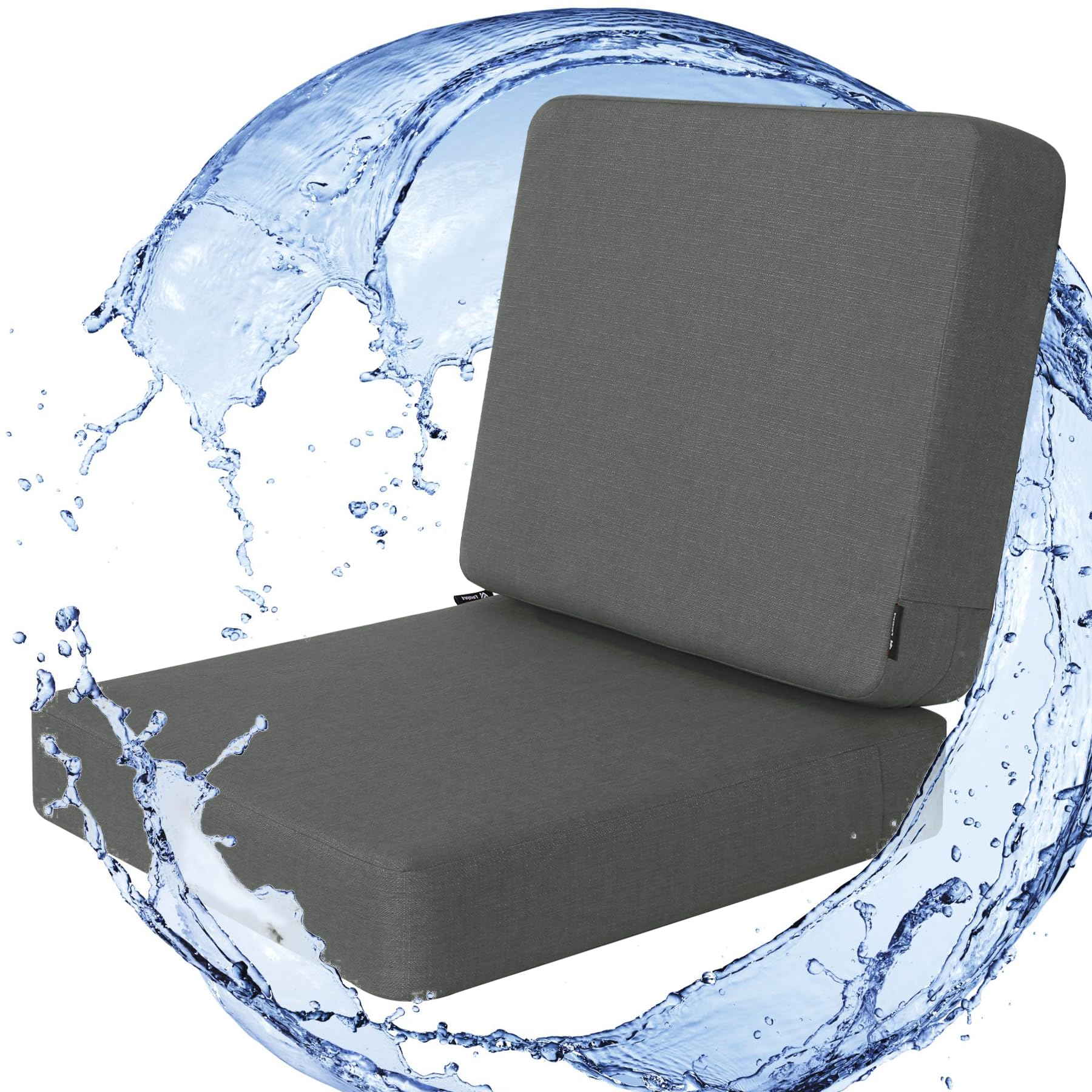 Favoyard front view of dark grey cushion set showing weatherproof finish and style