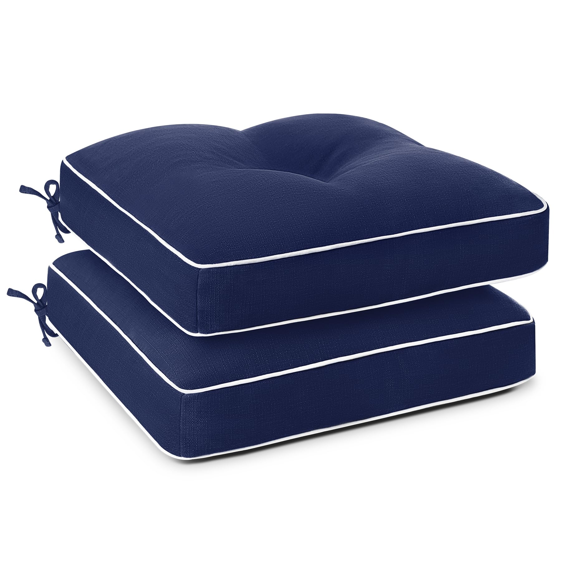 Favoyard navy cushions front view showing neat finish and inviting seating comfort