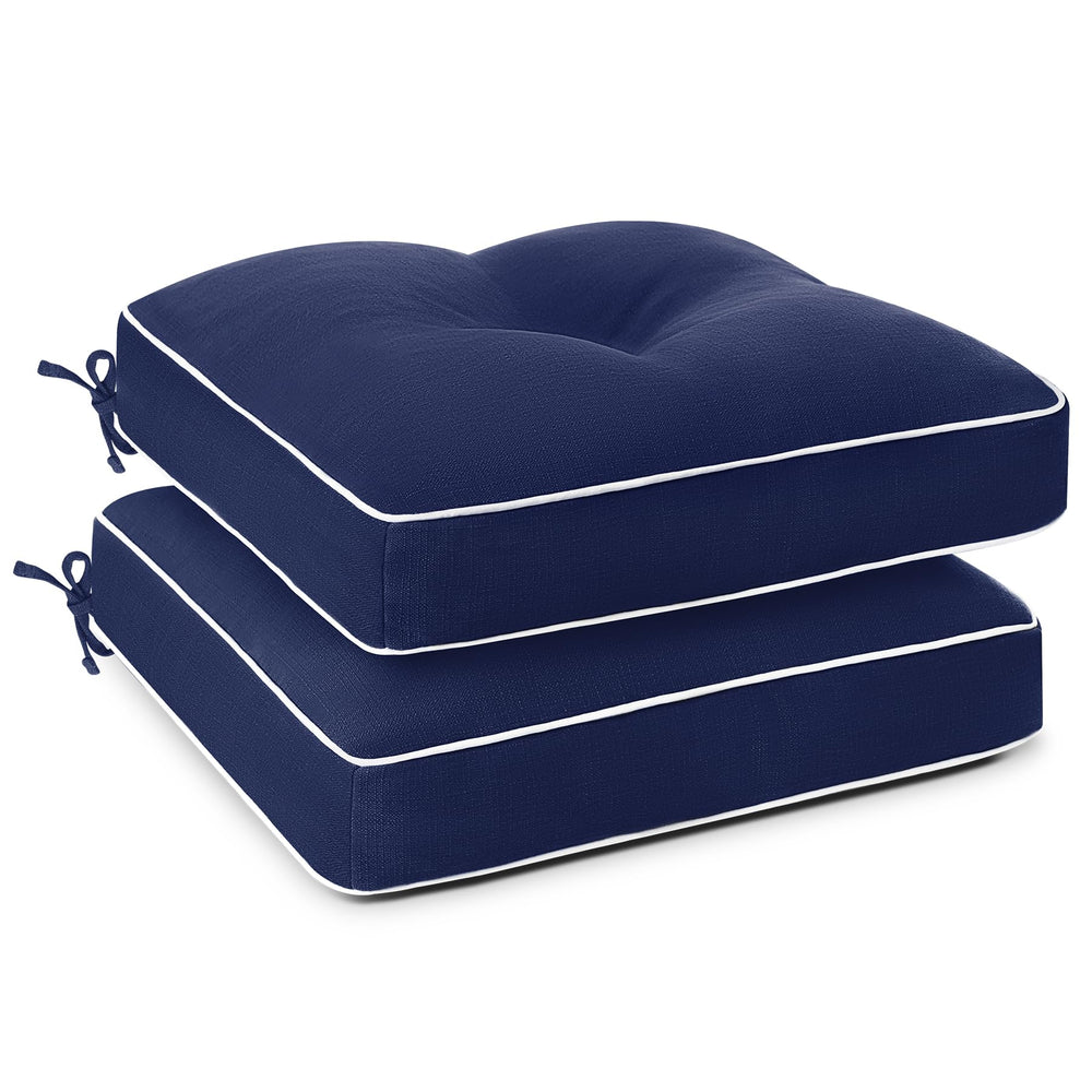 Favoyard navy cushions front view showing neat finish and inviting seating comfort