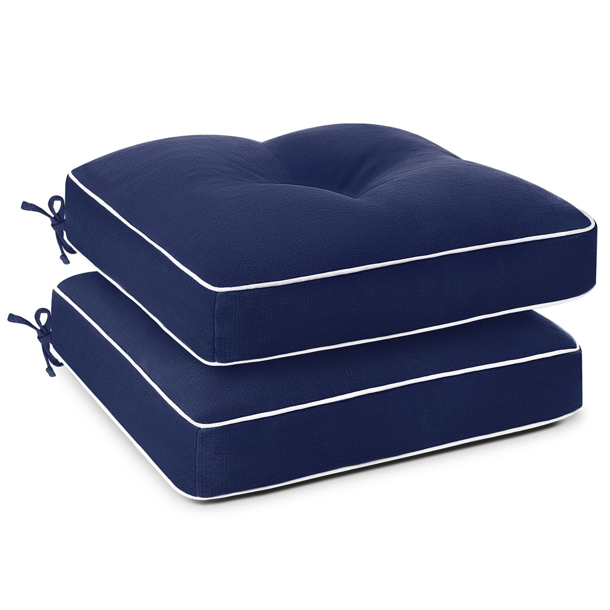 Favoyard navy cushions front view showing neat finish and inviting seating comfort