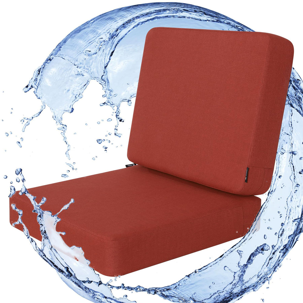 Favoyard front view red cushion showing vibrant color and weatherproof benefit