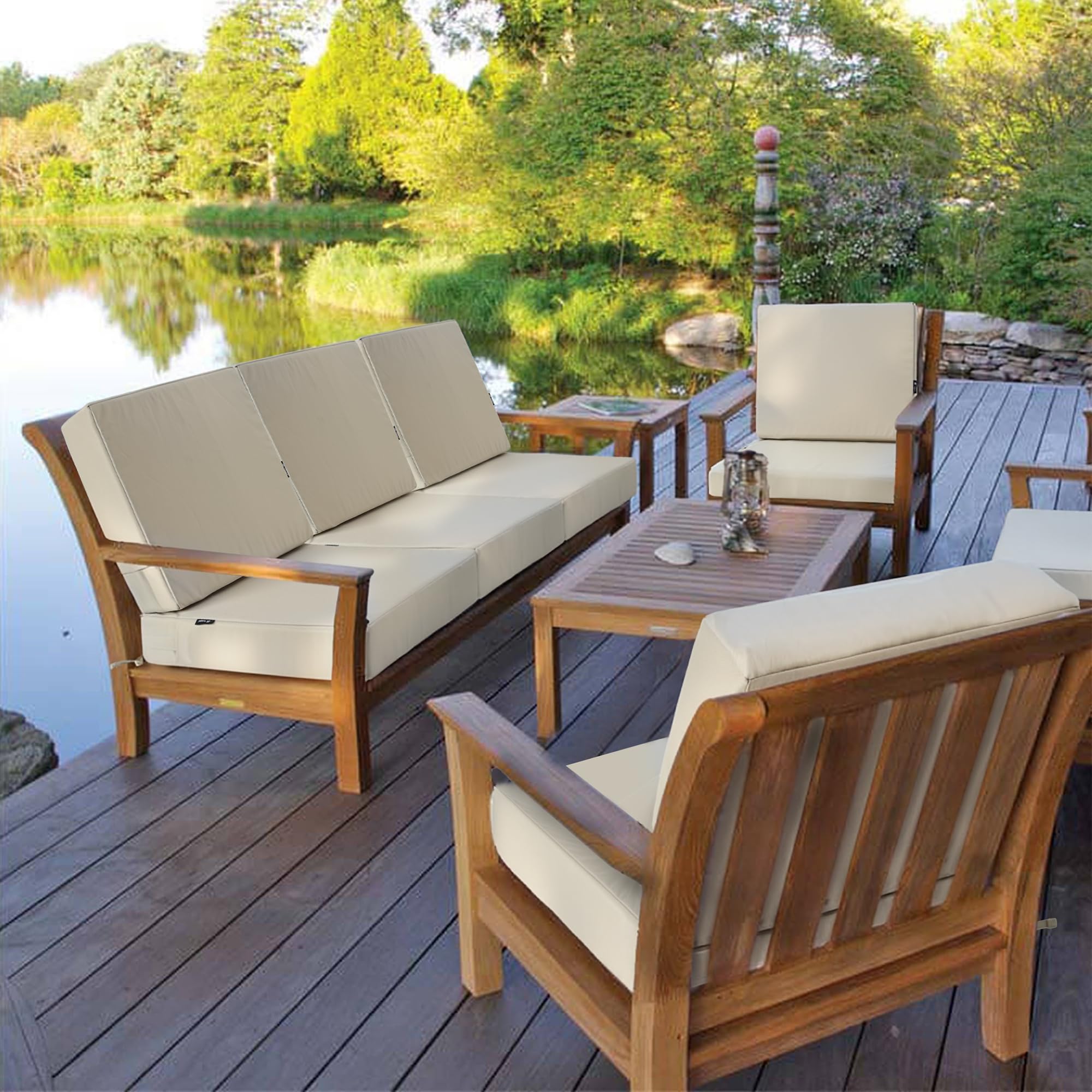 Favoyard cushions on patio chair in garden, comfortable outdoor setup