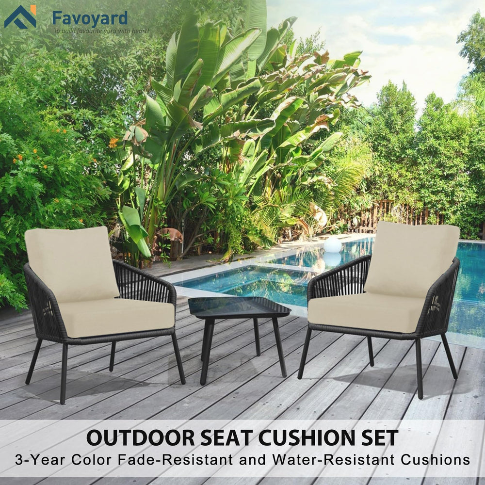 Favoyard beige cushions styled on porch creating cozy weather-resistant outdoor comfort