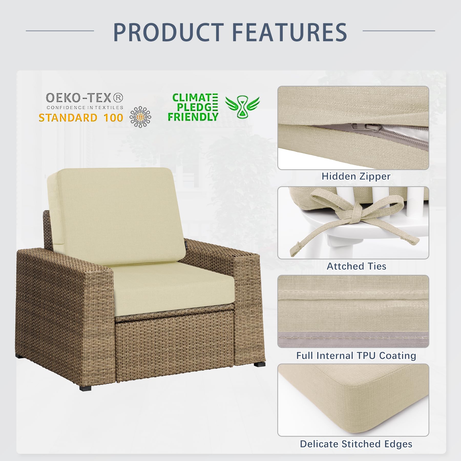 Favoyard cushions staged on a patio sofa showing comfort and neutral beige elegance