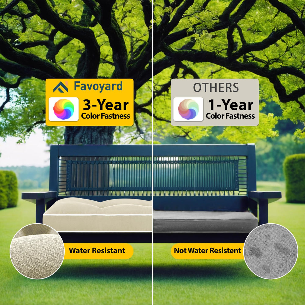 Favoyard cushion placed on patio bench demonstrating outdoor-ready style and comfort