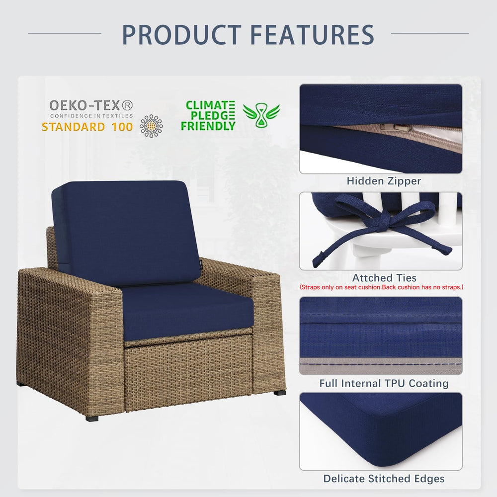 Favoyard blue cushions styled on a patio sofa demonstrating enhanced comfort and curb appeal outdoors
