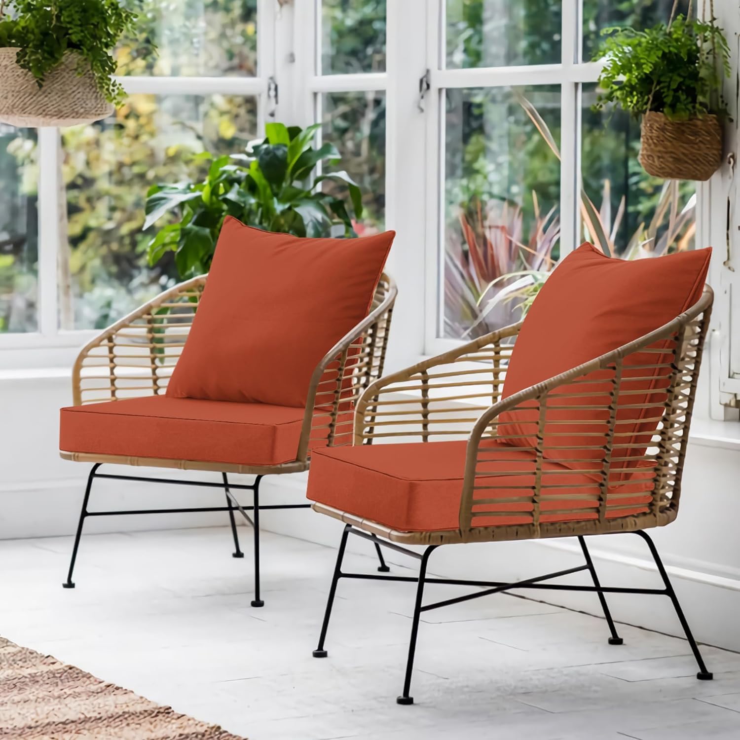 Favoyard red cushions arranged on patio table and chairs showing vibrant outdoor styling benefit