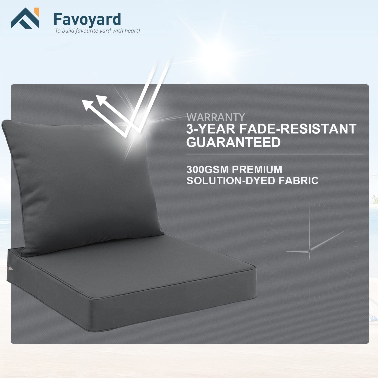 Favoyard cushion beside ruler showing 22x22 inch size for accurate fit measurement