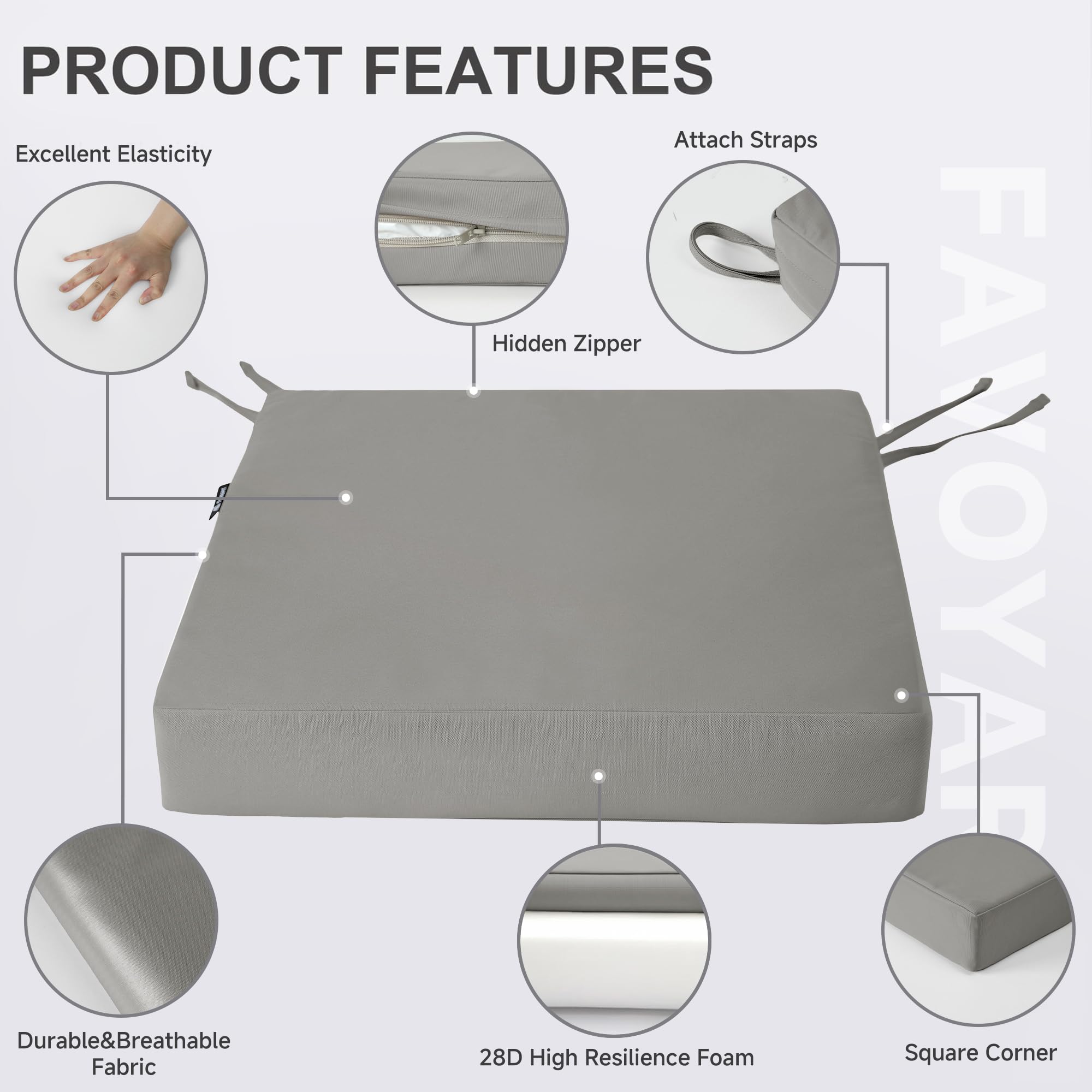 Favoyard cushion beside a ruler illustrating 19x19x3 inch size for accurate fit