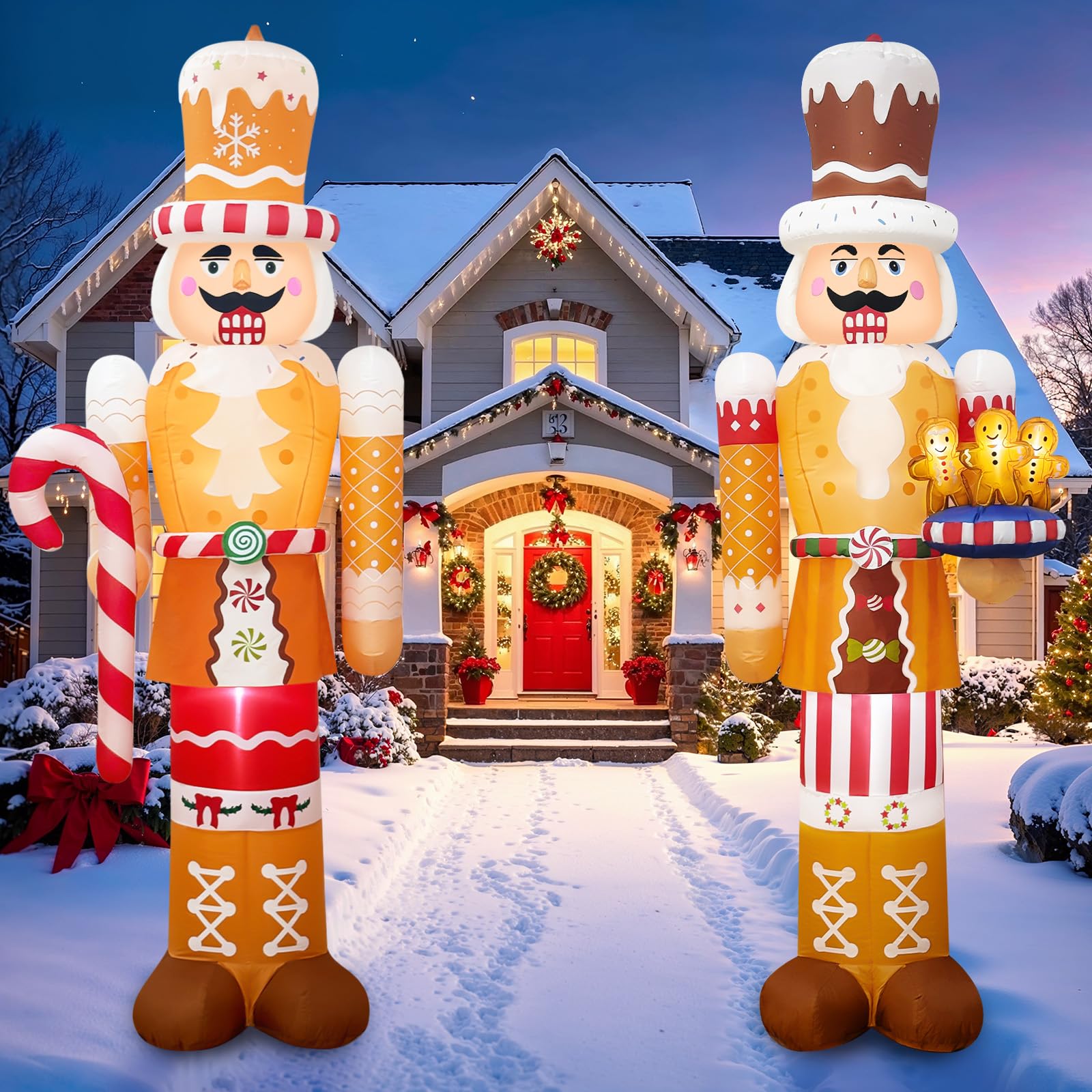 Fayavoo front view of two 8 ft nutcracker inflatables creating festive curb appeal