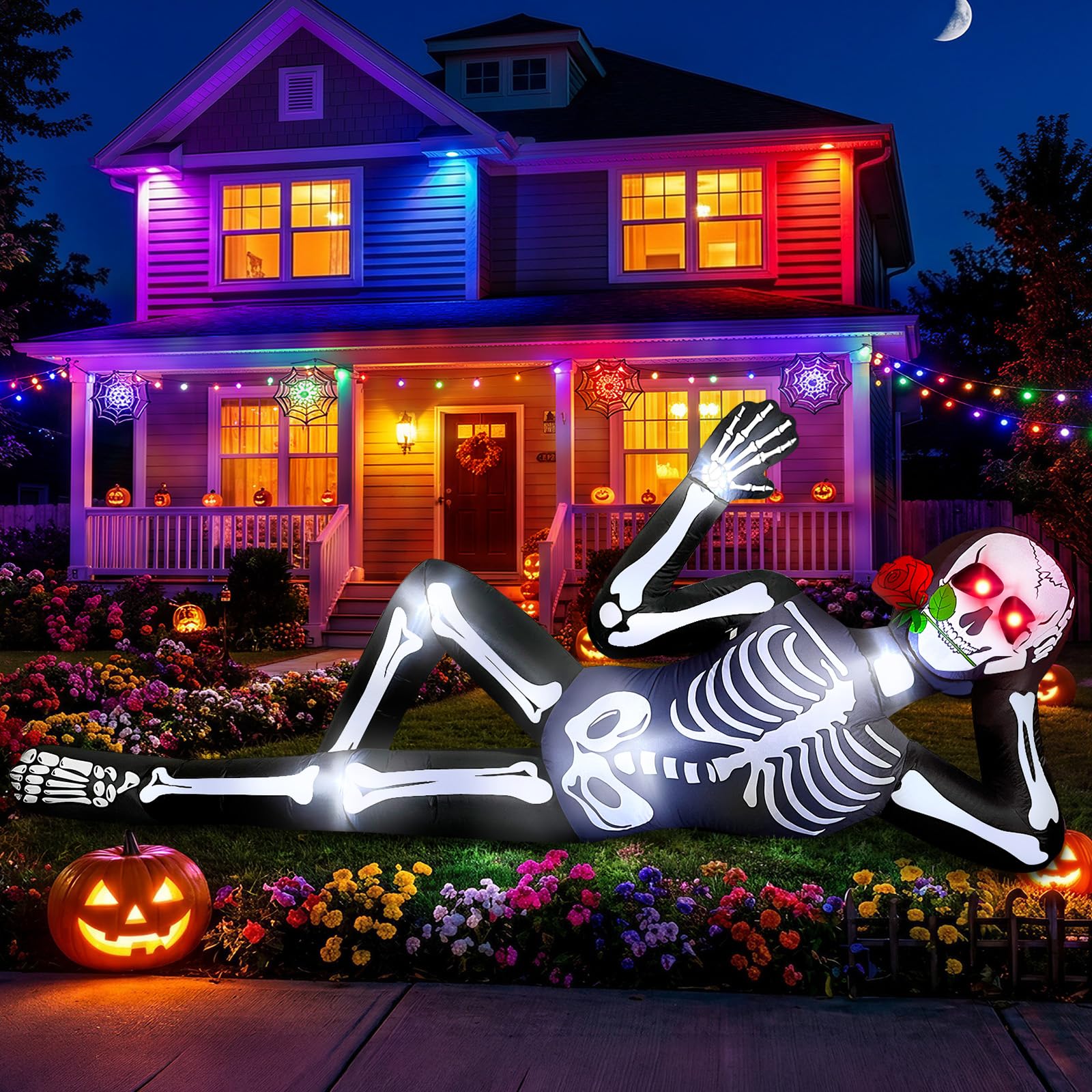 Fayavoo front view of 10ft skeleton inflatable lighting yard décor