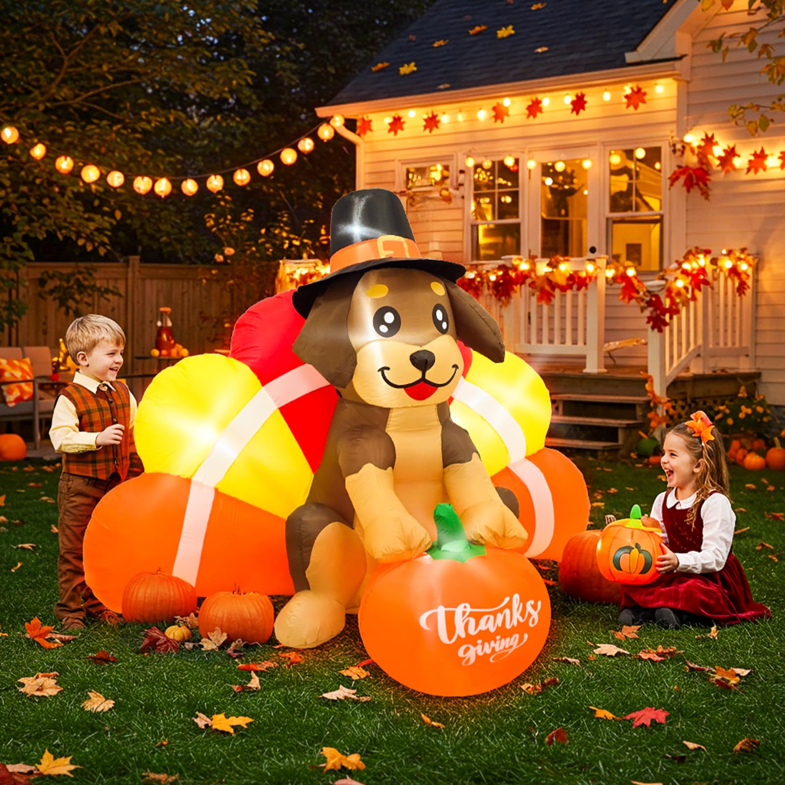 Fayavoo porch display at night creating warm holiday curb appeal