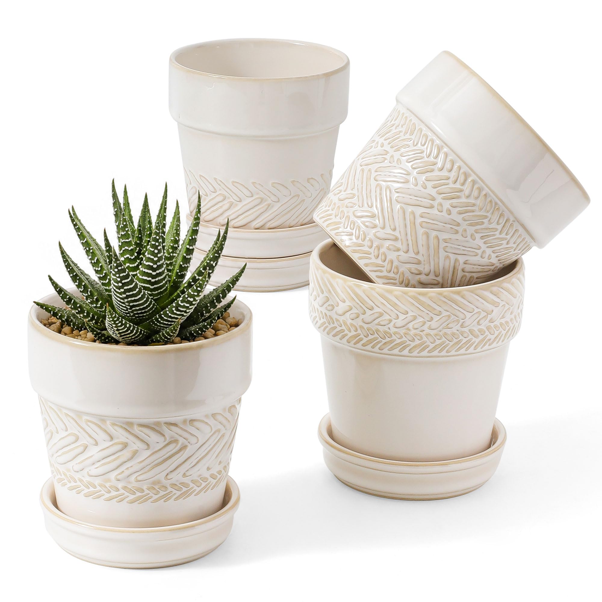 Fayoula front view of four pots showing patterns and neat grouping for display