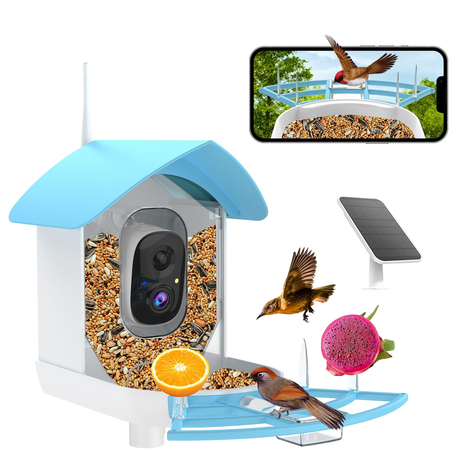 Fazoxo front view skyblue feeder showing camera and tray, enhances backyard observation