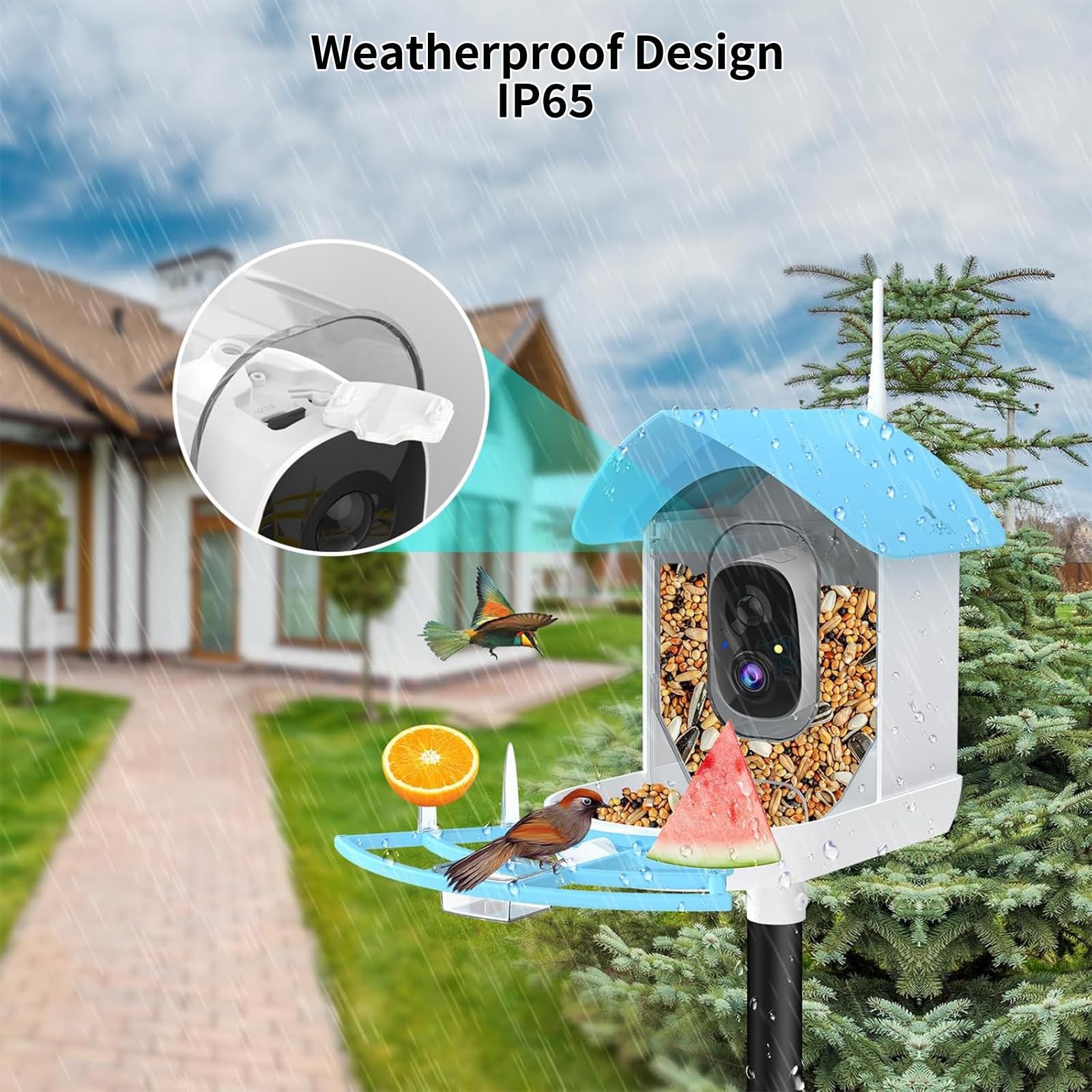 Fazoxo mounted on a garden pole in daylight, brand enables remote birdwatching comfort