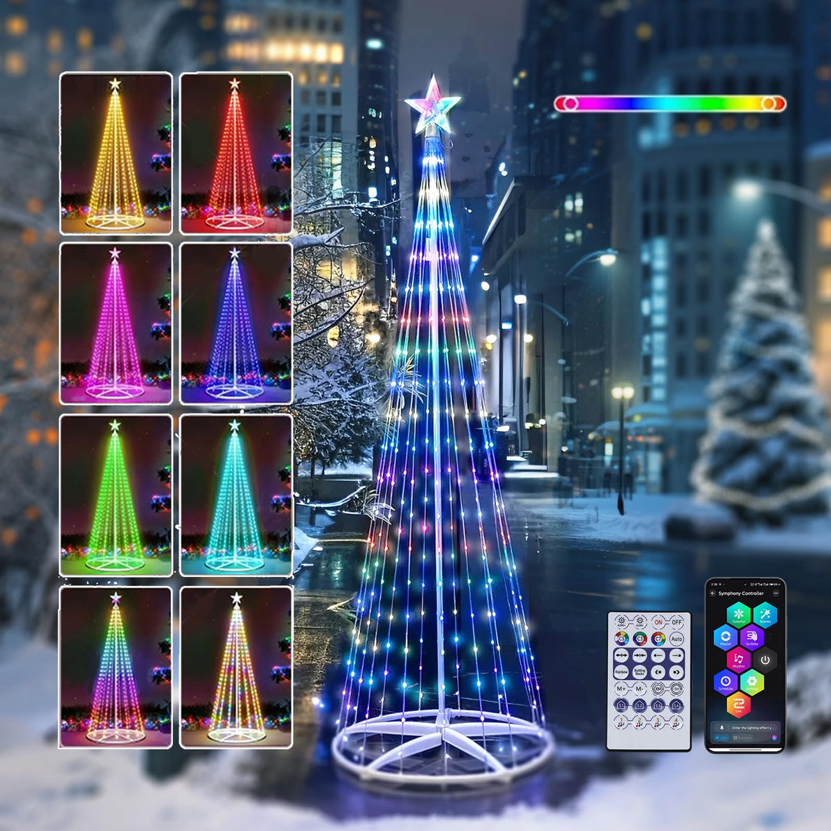 FBSCJU tree front view showing full RGB glow and festive appeal