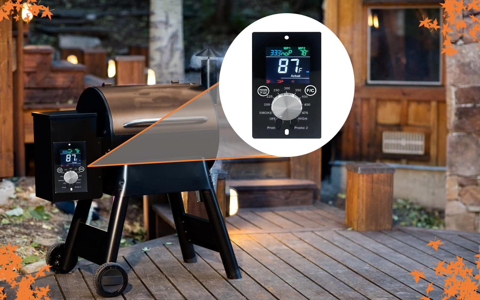 FCCUM controller in a backyard grilling scene showing reliable temperature management