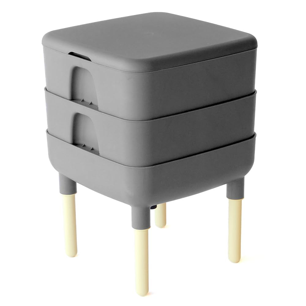 FCMP Outdoor front view of two-tray composter highlighting compact footprint and easy access