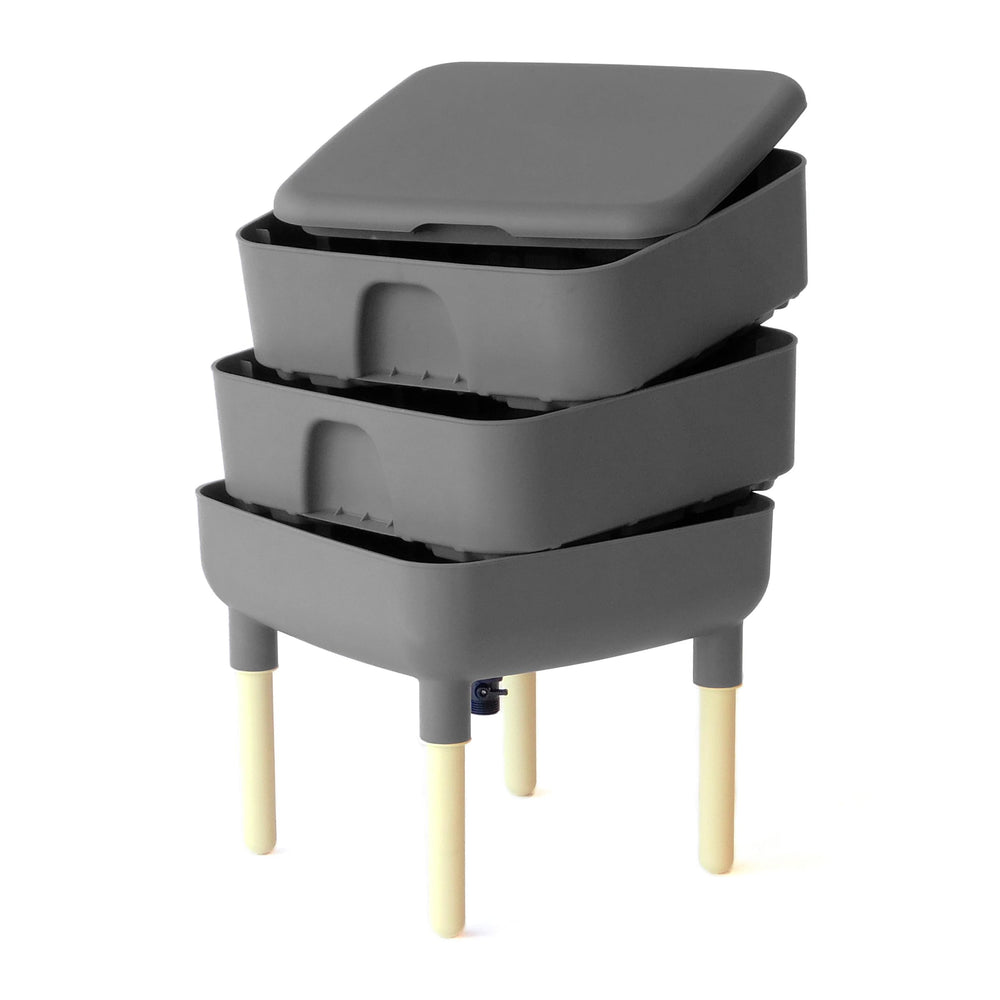 FCMP Outdoor open two-tray composter displaying tray stack and internal structure