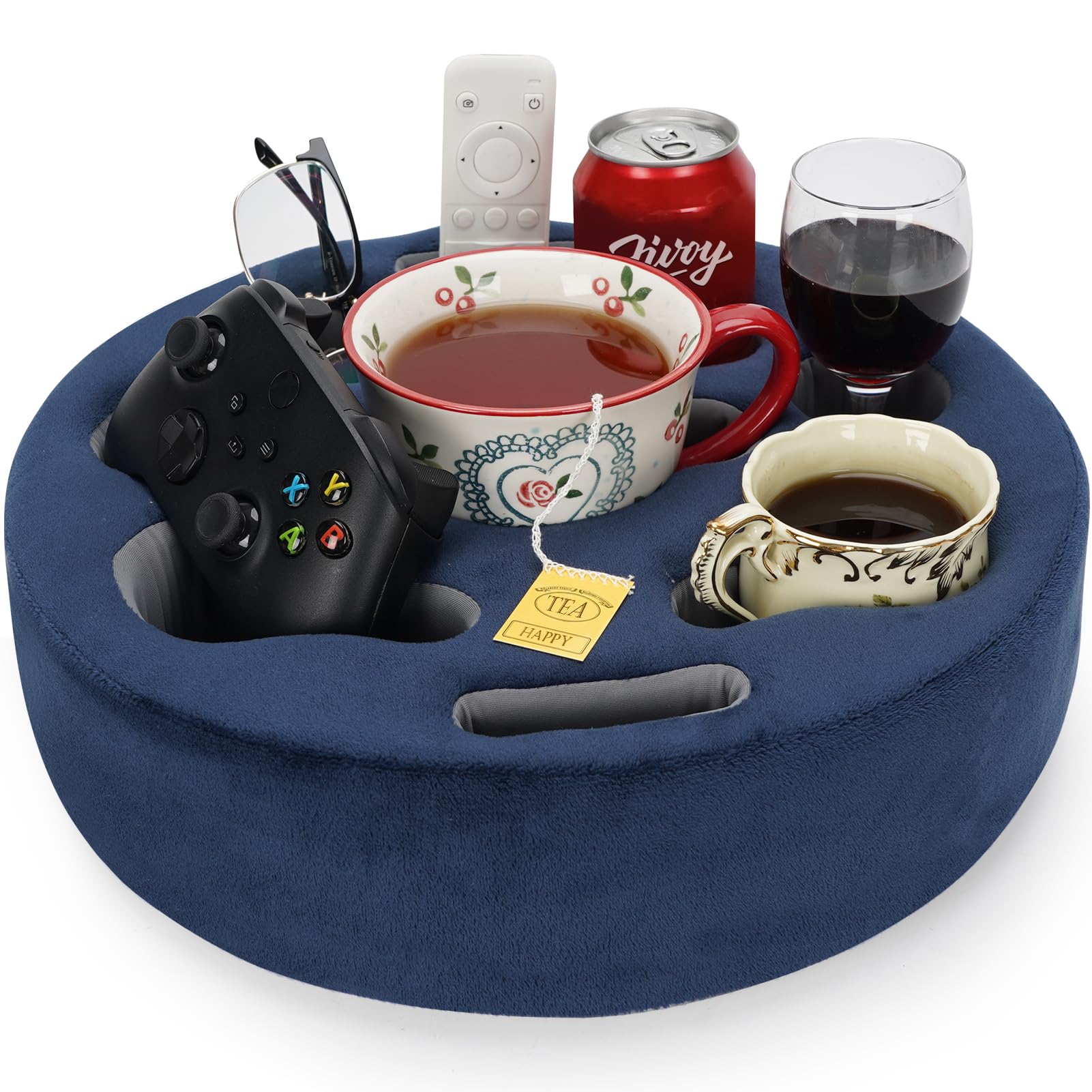 FDMGEL navy pillow front view showing organized drink and device storage