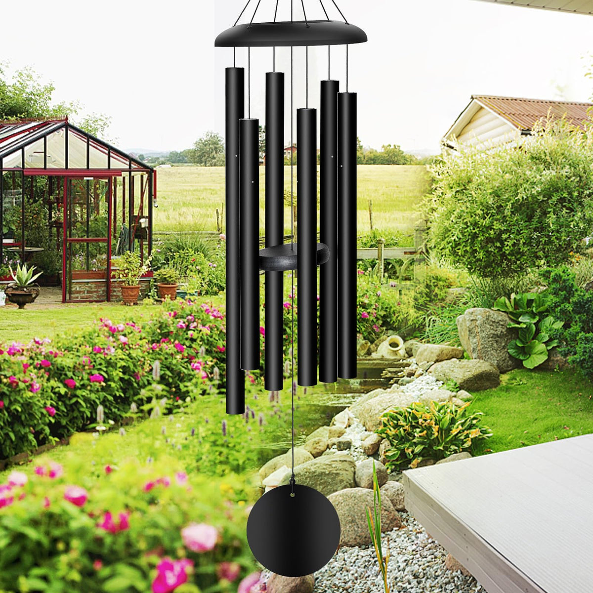 FDOCOI front view of 38-inch wind chime showing matte bronze finish and full length benefit: elegant garden focal point