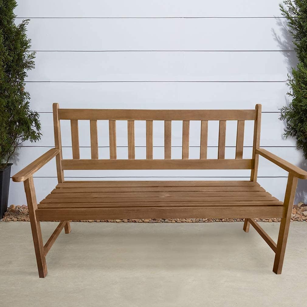 FDW acacia bench angled profile displaying slatted back and ergonomic design benefit comfort